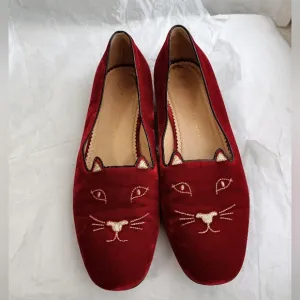 Charlotte Olympia  Cat red velvet slipper 44