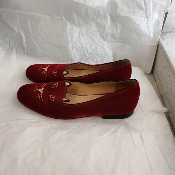 Charlotte Olympia  Cat red velvet slipper 44