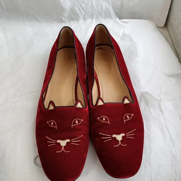 Charlotte Olympia  Cat red velvet slipper 44