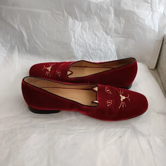 Charlotte Olympia  Cat red velvet slipper 44