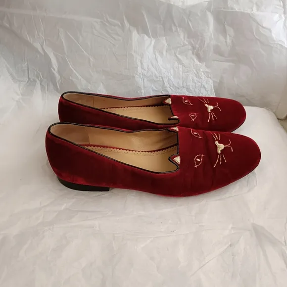 Charlotte Olympia  Cat red velvet slipper 44