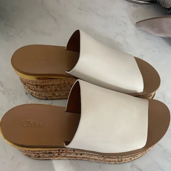 Chloe Sandals White Camille Wedge Mule Cork Sole Shoes Size 38 7.5