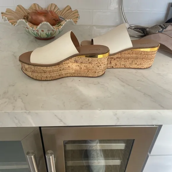 Chloe Sandals White Camille Wedge Mule Cork Sole Shoes Size 38 7.5