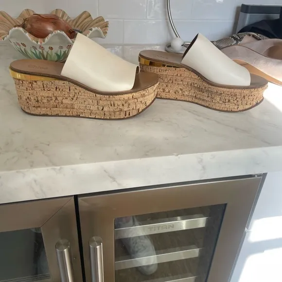 Chloe Sandals White Camille Wedge Mule Cork Sole Shoes Size 38 7.5