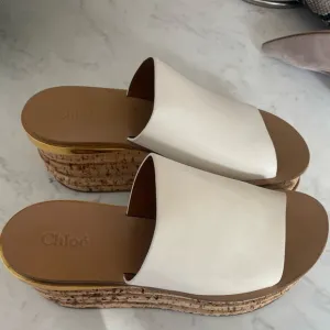 Chloe Sandals White Camille Wedge Mule Cork Sole Shoes Size 38 7.5