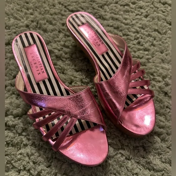 Christian LaCroix Pink Metallic Leather Sandal Heel Size 38.5 US 8
