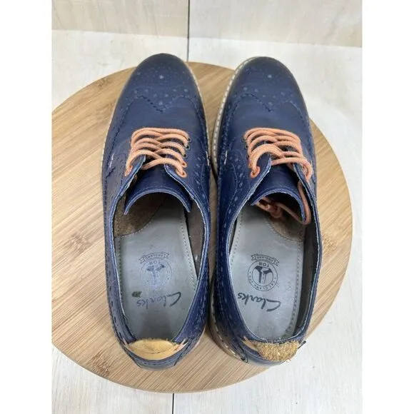 Clarks Pitney Limit Blue Brogue Brown Leather Wingtip Shoes Mens Size 8.5