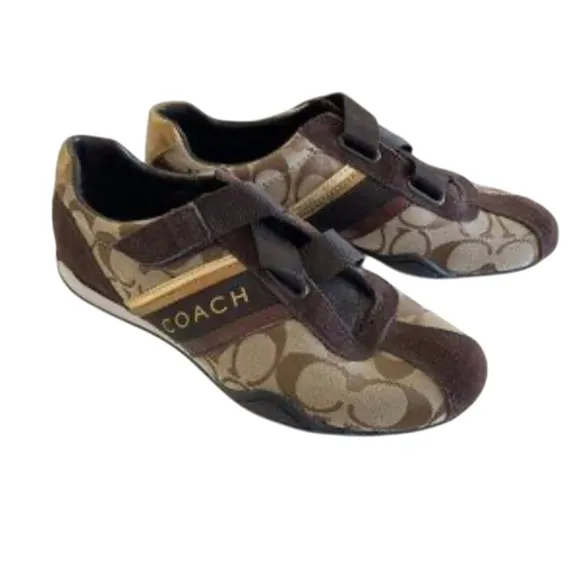 COACH Authentic &quot;Jenney&quot; Brown and Gold Sneakers with Velcro Closure