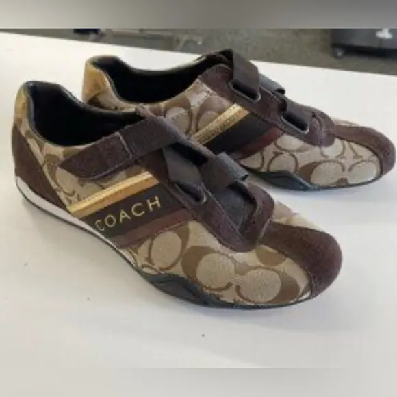 COACH Authentic &quot;Jenney&quot; Brown and Gold Sneakers with Velcro Closure
