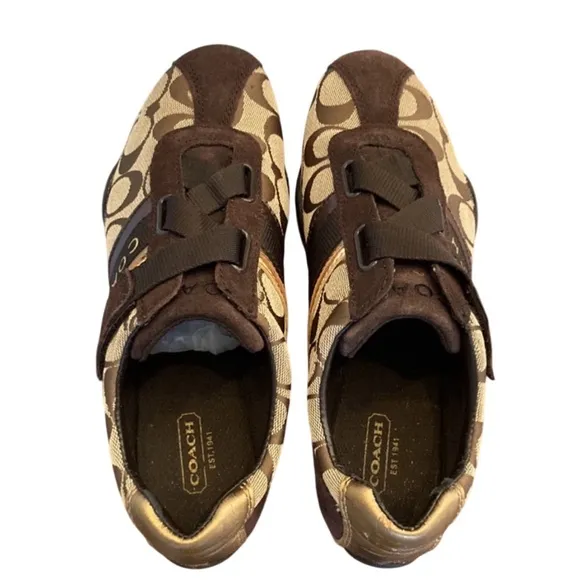 COACH Authentic &quot;Jenney&quot; Brown and Gold Sneakers with Velcro Closure