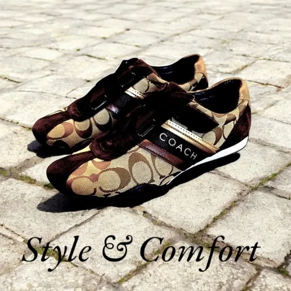 COACH Authentic &quot;Jenney&quot; Brown and Gold Sneakers with Velcro Closure
