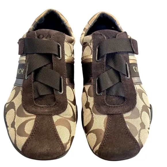 COACH Authentic &quot;Jenney&quot; Brown and Gold Sneakers with Velcro Closure