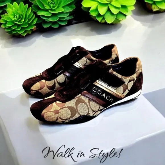 COACH Authentic &quot;Jenney&quot; Brown and Gold Sneakers with Velcro Closure