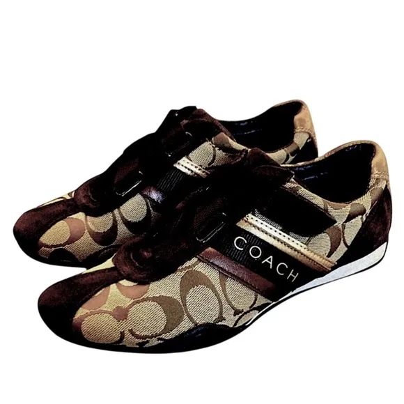 COACH Authentic &quot;Jenney&quot; Brown and Gold Sneakers with Velcro Closure