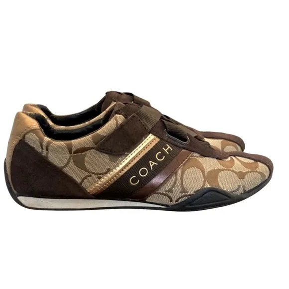 COACH Authentic &quot;Jenney&quot; Brown and Gold Sneakers with Velcro Closure
