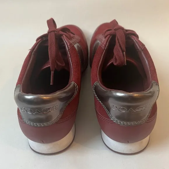 COACH RAYLEN SUEDE SNEAKERS SHOES Gunmetal Cerise‎ Burgundy Leather Logo