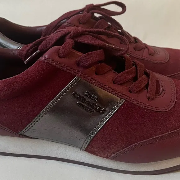COACH RAYLEN SUEDE SNEAKERS SHOES Gunmetal Cerise‎ Burgundy Leather Logo