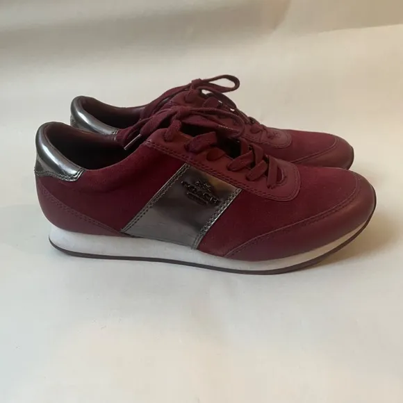 COACH RAYLEN SUEDE SNEAKERS SHOES Gunmetal Cerise‎ Burgundy Leather Logo