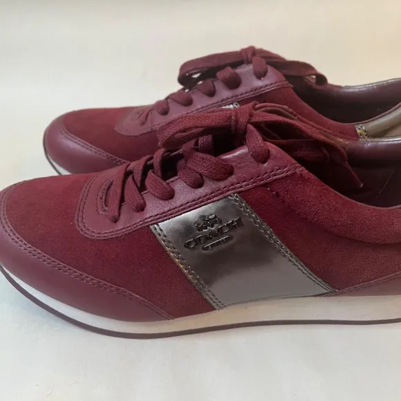 COACH RAYLEN SUEDE SNEAKERS SHOES Gunmetal Cerise‎ Burgundy Leather Logo