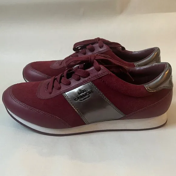 COACH RAYLEN SUEDE SNEAKERS SHOES Gunmetal Cerise‎ Burgundy Leather Logo
