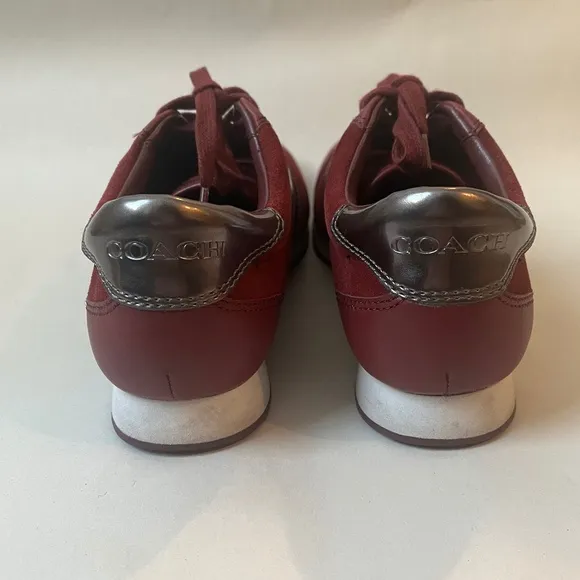 COACH RAYLEN SUEDE SNEAKERS SHOES Gunmetal Cerise‎ Burgundy Leather Logo