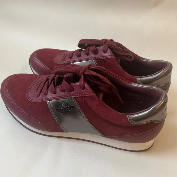 COACH RAYLEN SUEDE SNEAKERS SHOES Gunmetal Cerise‎ Burgundy Leather Logo