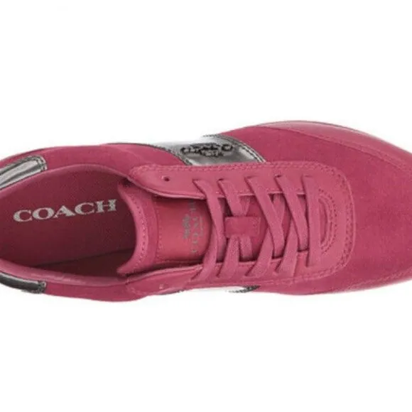 COACH RAYLEN SUEDE SNEAKERS SHOES Gunmetal Cerise‎ Burgundy Leather Logo