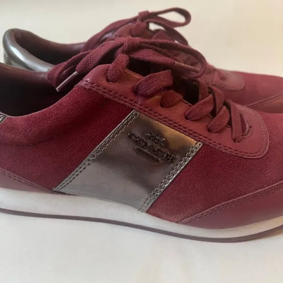 COACH RAYLEN SUEDE SNEAKERS SHOES Gunmetal Cerise‎ Burgundy Leather Logo