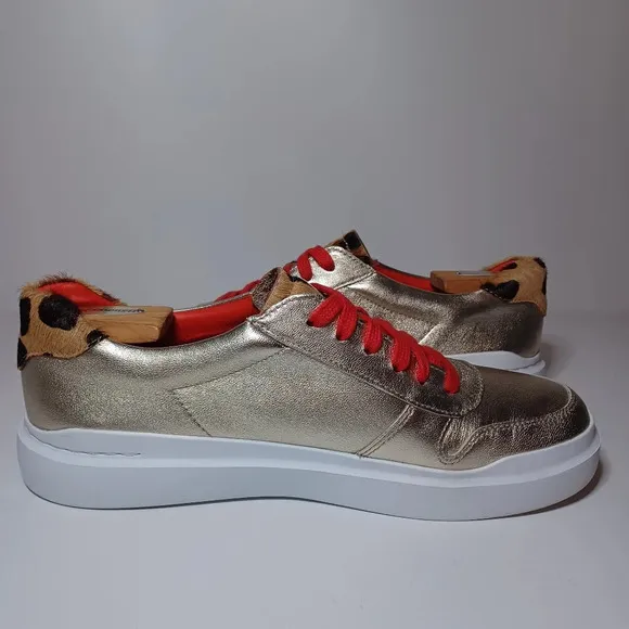 Cole Haan GrandPro Rally Leopard Print Calf Hair Gold Leather Shoes Womens 9.5B