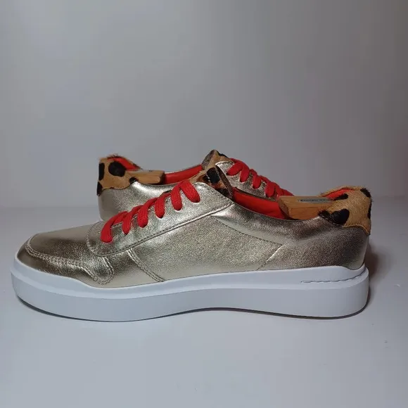 Cole Haan GrandPro Rally Leopard Print Calf Hair Gold Leather Shoes Womens 9.5B