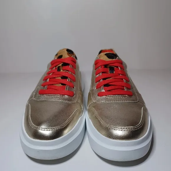 Cole Haan GrandPro Rally Leopard Print Calf Hair Gold Leather Shoes Womens 9.5B