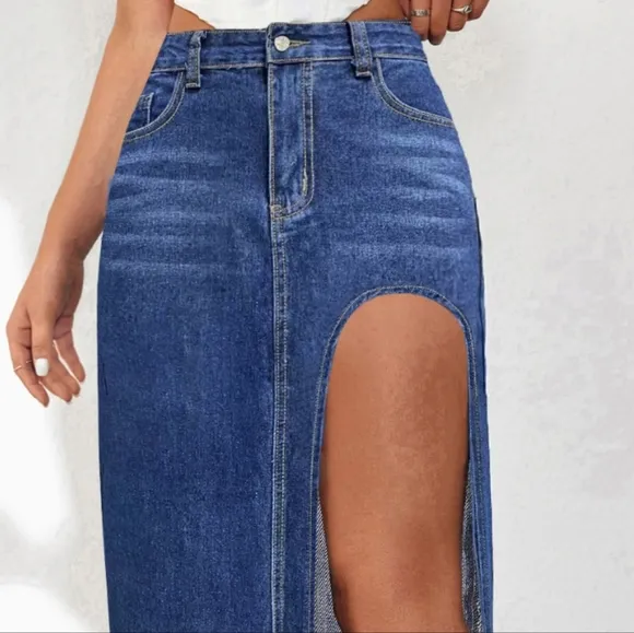 Cutout Denim Maxi High-Rise Waist Straight Long Full Length Pencil Jean Skirt