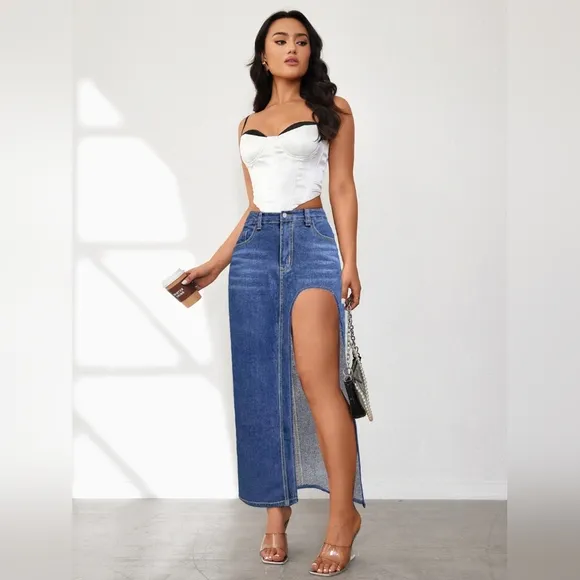 Cutout Denim Maxi High-Rise Waist Straight Long Full Length Pencil Jean Skirt