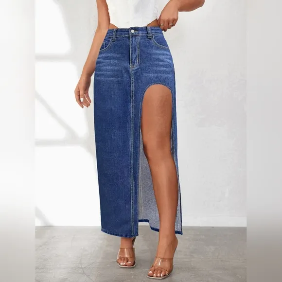 Cutout Denim Maxi High-Rise Waist Straight Long Full Length Pencil Jean Skirt