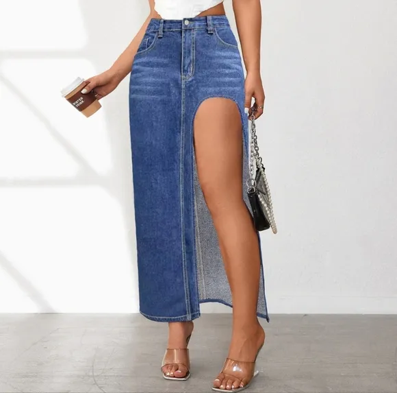 Cutout Denim Maxi High-Rise Waist Straight Long Full Length Pencil Jean Skirt