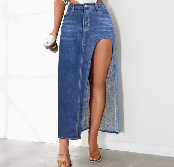Cutout Denim Maxi High-Rise Waist Straight Long Full Length Pencil Jean Skirt