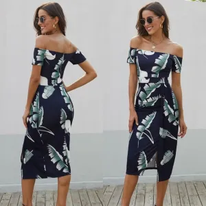 Dark Navy Printed Off-Shoulder Split Dress