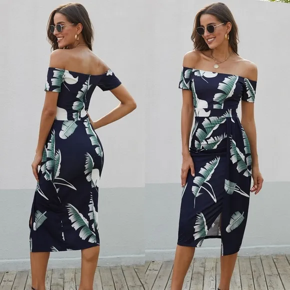 Dark Navy Printed Off-Shoulder Split Dress