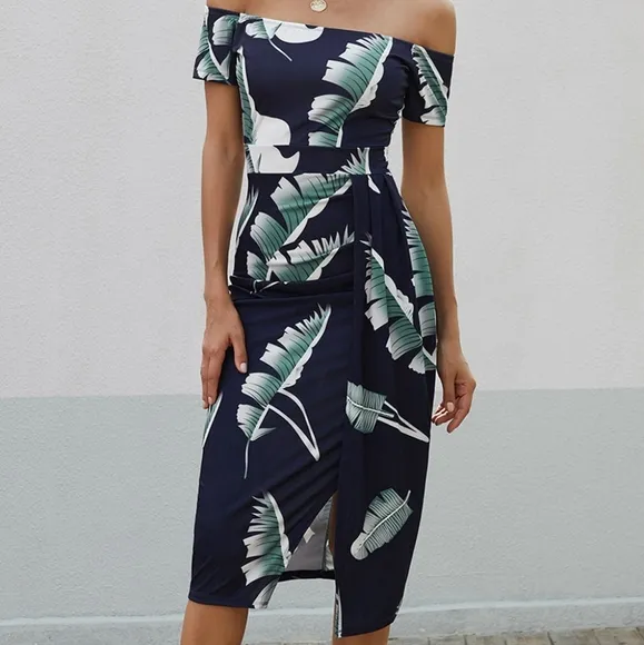 Dark Navy Printed Off-Shoulder Split Dress