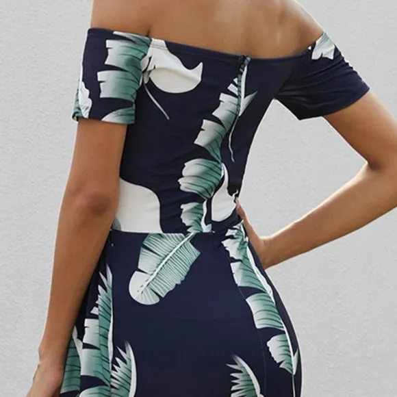 Dark Navy Printed Off-Shoulder Split Dress