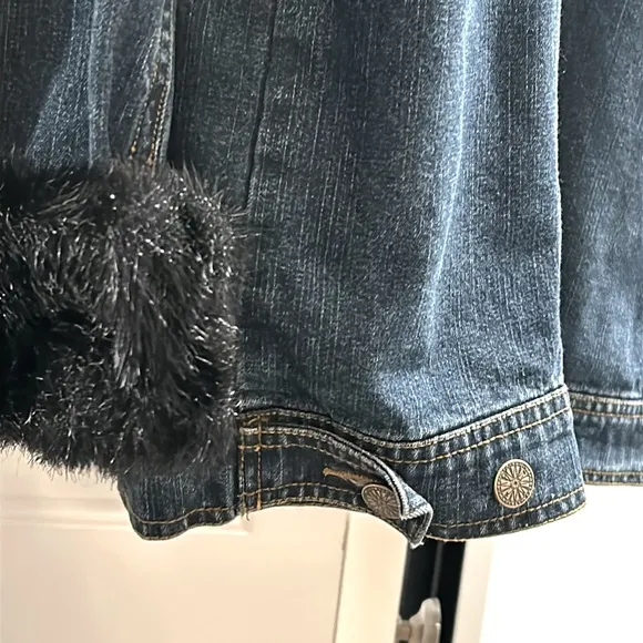 Dennis Basso Blue Denim Jacket with Black Faux Fur Trim and Detachable Lining L