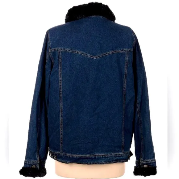 Dennis Basso Blue Denim Jacket with Black Faux Fur Trim and Detachable Lining L