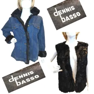 Dennis Basso Blue Denim Jacket with Black Faux Fur Trim and Detachable Lining L