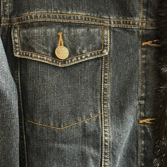 Dennis Basso Blue Denim Jacket with Black Faux Fur Trim and Detachable Lining L