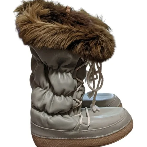 Diadora leather fur lined accented snow boots moon lace up platform taupe 40/41