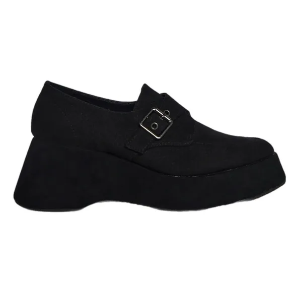 Dolls Kill Black Library Luxe Platform Shoes with Silver Buckle