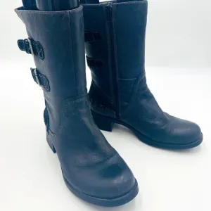 Earth Women's Black Leather Hemlock Heeled Boots Buckle Strap Side Zip Size 7B