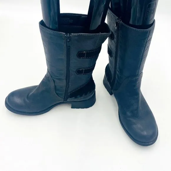 Earth Women's Black Leather Hemlock Heeled Boots Buckle Strap Side Zip Size 7B