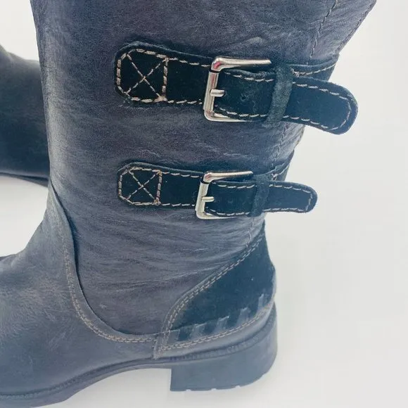 Earth Women's Black Leather Hemlock Heeled Boots Buckle Strap Side Zip Size 7B