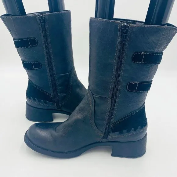 Earth Women's Black Leather Hemlock Heeled Boots Buckle Strap Side Zip Size 7B
